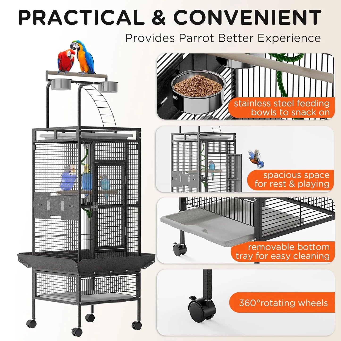 60" Large Rolling Bird Cage With Play Top 4 Stainless Steel Bowls Metal Parrot Cage For Conure Cockatiel Parakeet Lovebird