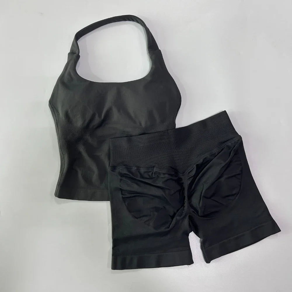 SKINOFSKIN Yoga 2-Piece Set Women Seamless Backless Halter Top Shorts