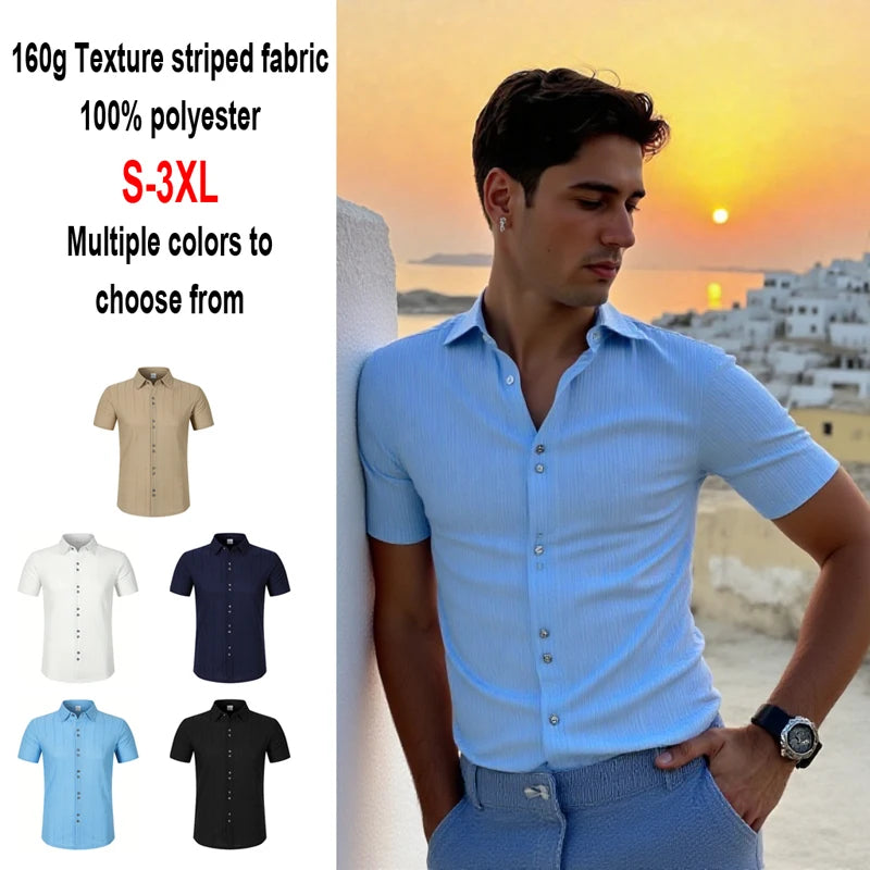 Men's Polyester Textured Short Sleeve Shirt With Turn Down Collar