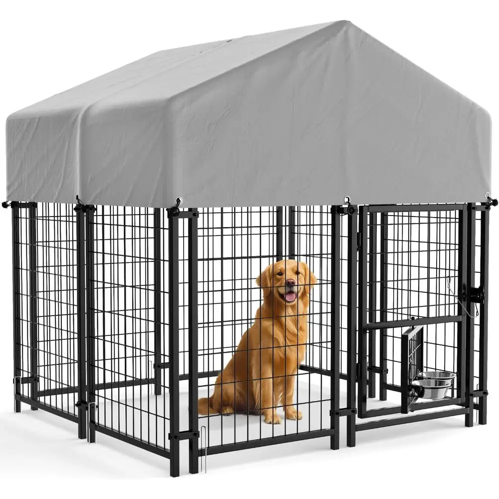 Sturdy Steel Outdoor Kennel With Lockable Door And Rotating Bowls