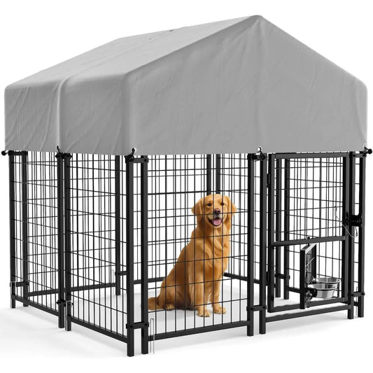 Sturdy Steel Outdoor Kennel With Lockable Door And Rotating Bowls