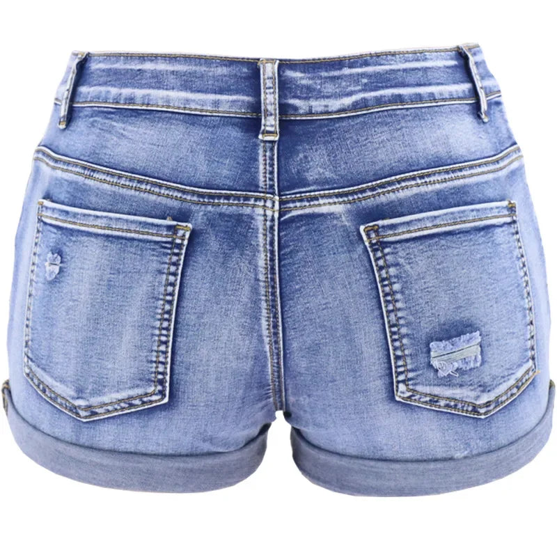 Women's Split Denim Shorts Mid Waist Elastic Curled Cuff Slim Fit Casual