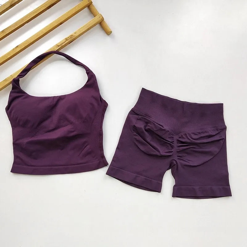 SKINOFSKIN Yoga 2-Piece Set Women Seamless Backless Halter Top Shorts