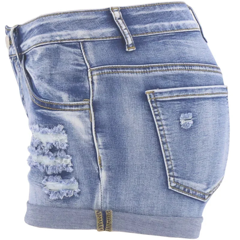 Women's Split Denim Shorts Mid Waist Elastic Curled Cuff Slim Fit Casual