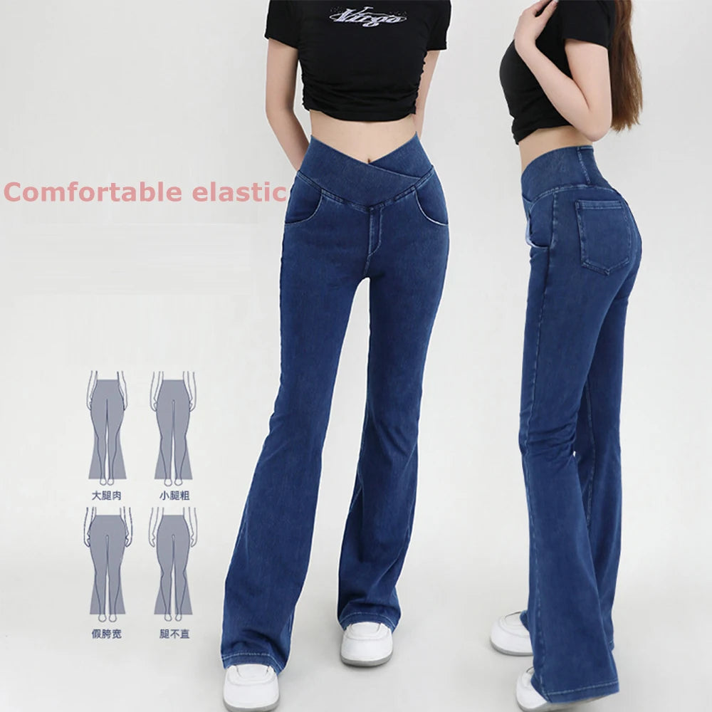 Casual Womens Jeans Bell Bottom High Waist Denim Activewear