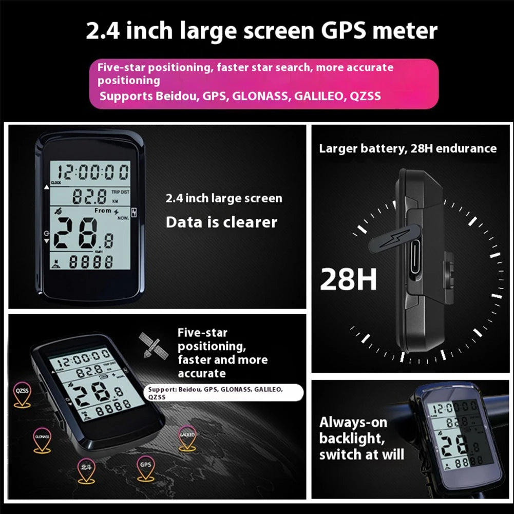 Wireless Bicycle Computer 2.4 Inch Screen GPS Bike Speedometer with Backlight Digital Stopwatch Rechargeable for Outdoor Cycling