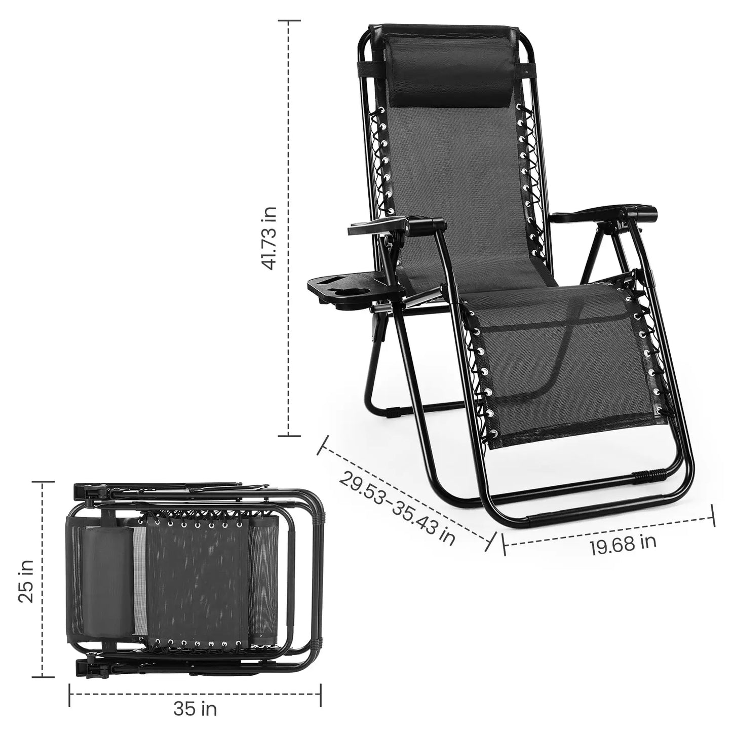 JHK Portable Zero Gravity Recliner Chairs Set of 2 With Cup Holder Trays
