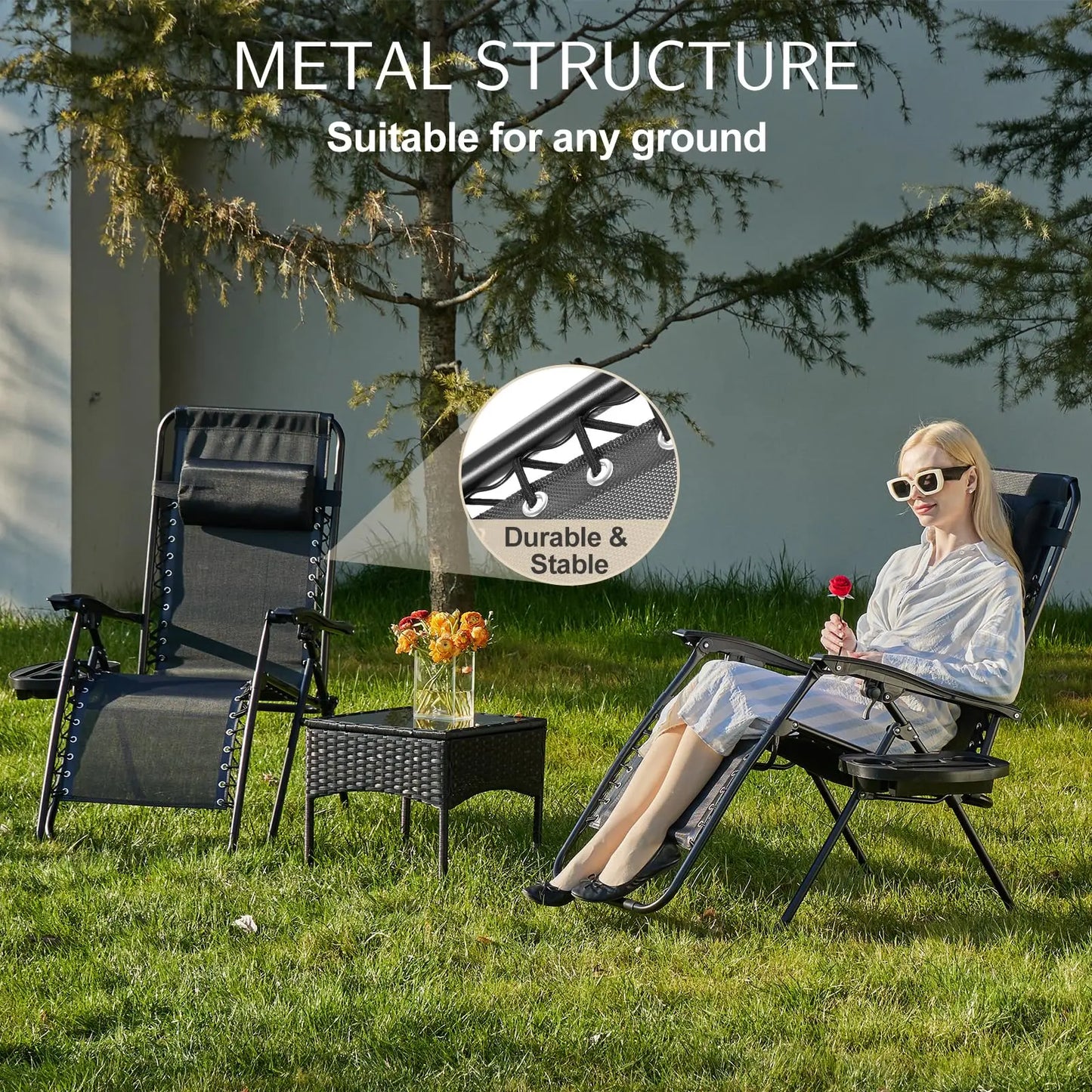 JHK Portable Zero Gravity Recliner Chairs Set of 2 With Cup Holder Trays