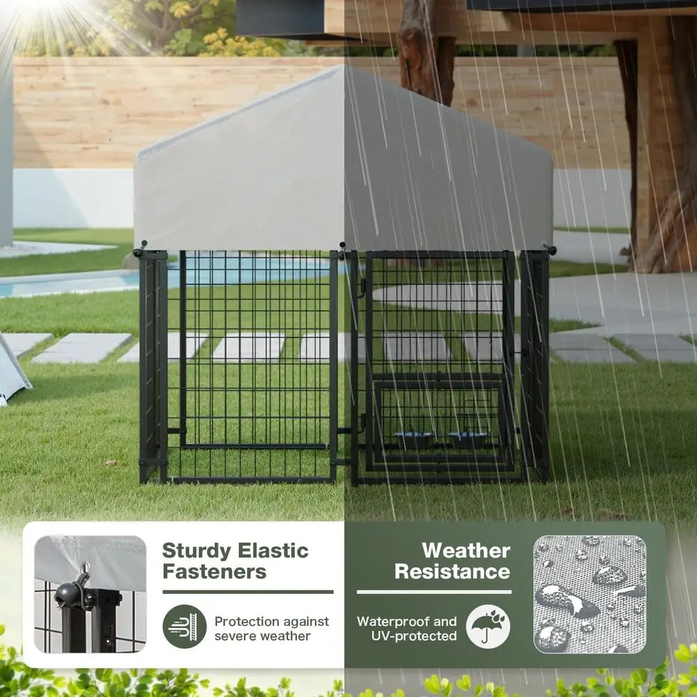 Sturdy Steel Outdoor Kennel With Lockable Door And Rotating Bowls