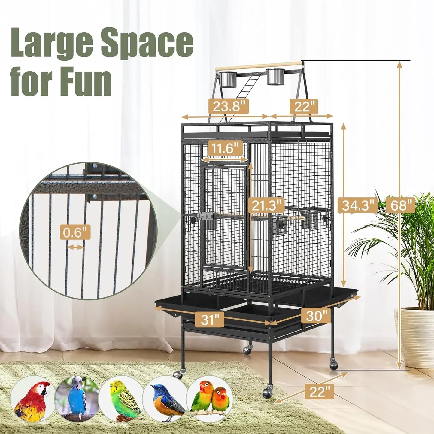 NONEM Playtop Parrot Cage With Rolling Stand Wrought Iron Bird Cage