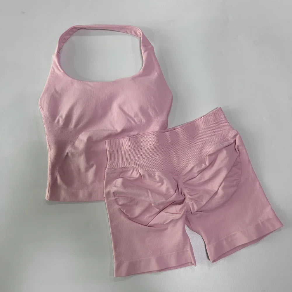 SKINOFSKIN Yoga 2-Piece Set Women Seamless Backless Halter Top Shorts