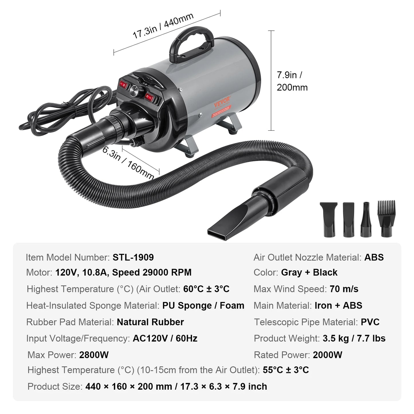 SucceBuy 2000W Dog Hair Dryer With Adjustable Speed Nozzles