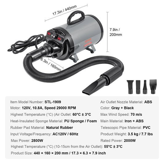SucceBuy 2000W Dog Hair Dryer With Adjustable Speed Nozzles