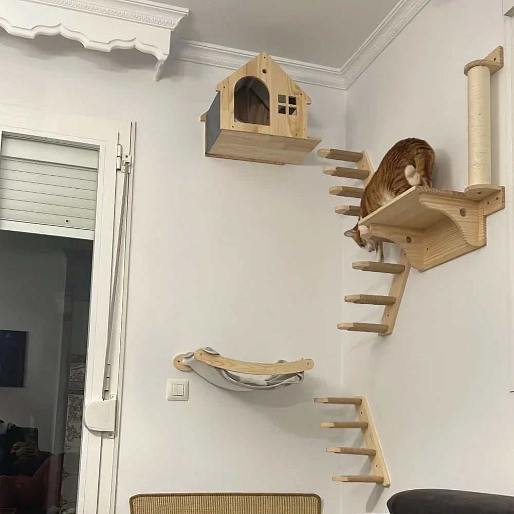 Qlfyuu Wooden Cat Climbing Shelf Wall Mounted Scratching Post