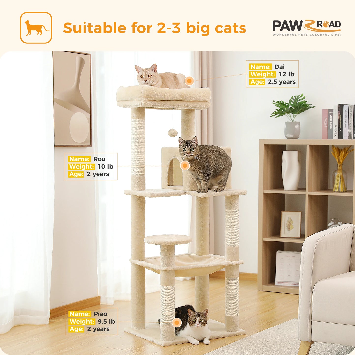 PAWZ Road 5-Level Cat Tower Indoor Cats With Hammock