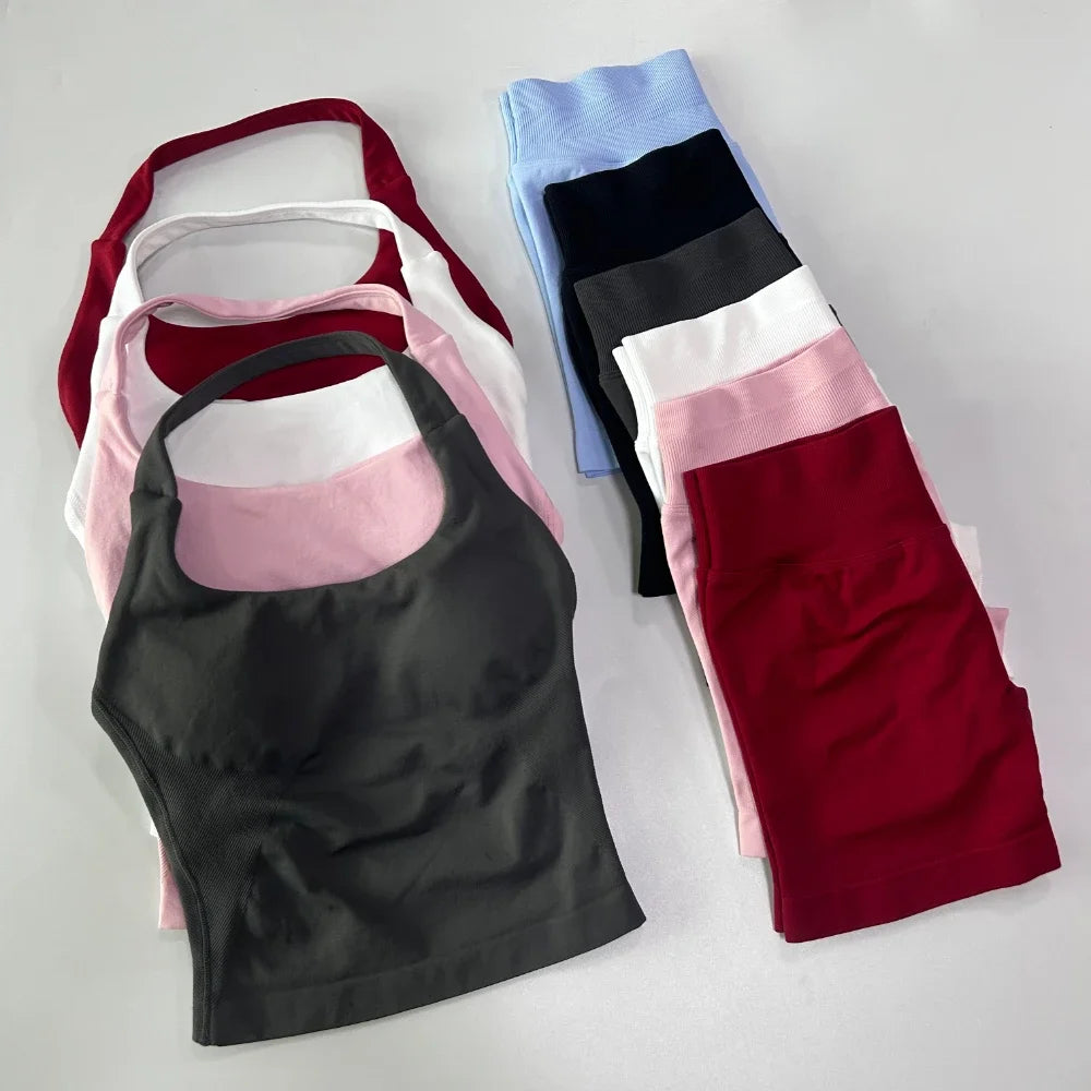 SKINOFSKIN Yoga 2-Piece Set Women Seamless Backless Halter Top Shorts