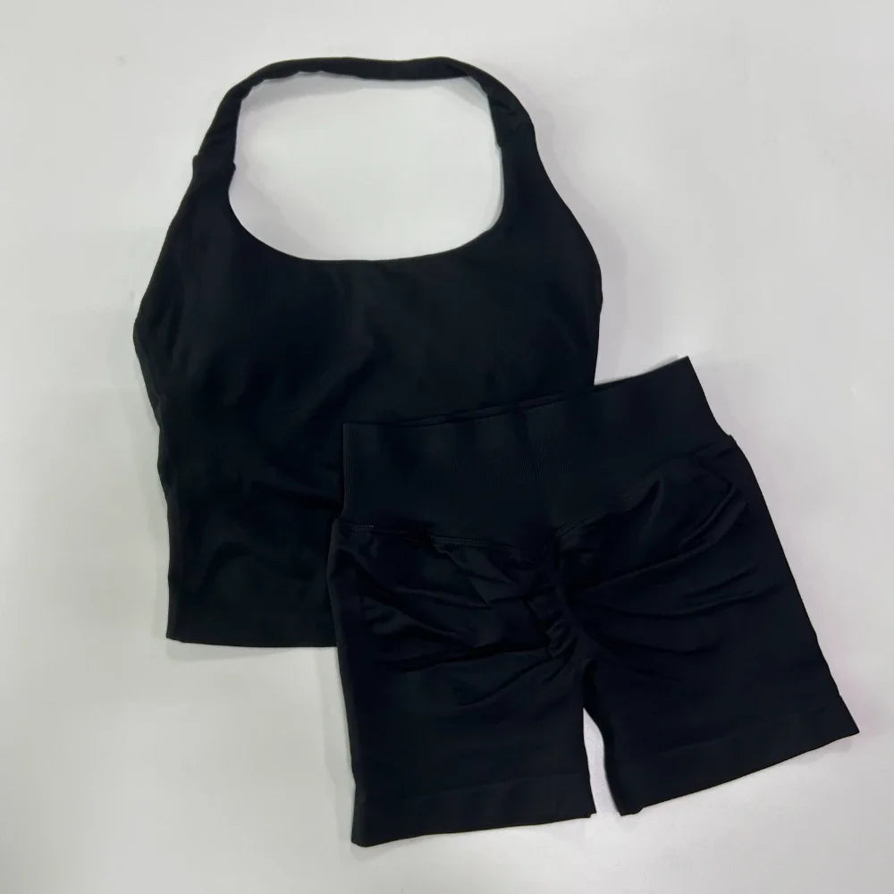 SKINOFSKIN Yoga 2-Piece Set Women Seamless Backless Halter Top Shorts