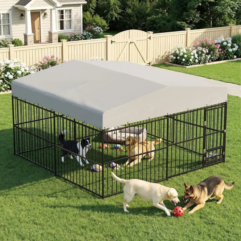 Heavy-Duty Outdoor Dog Kennel With Waterproof Cover And Rotating Bowls