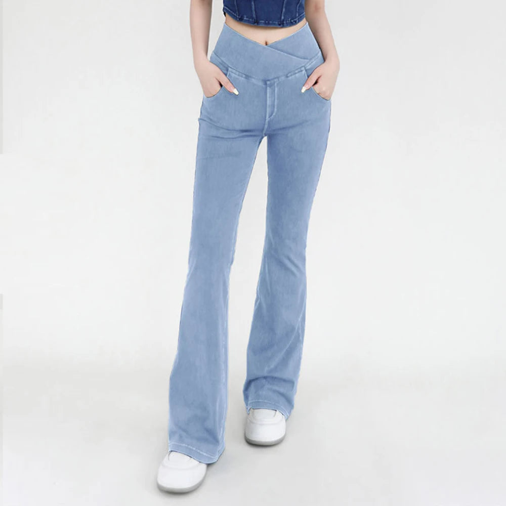 Casual Womens Jeans Bell Bottom High Waist Denim Activewear