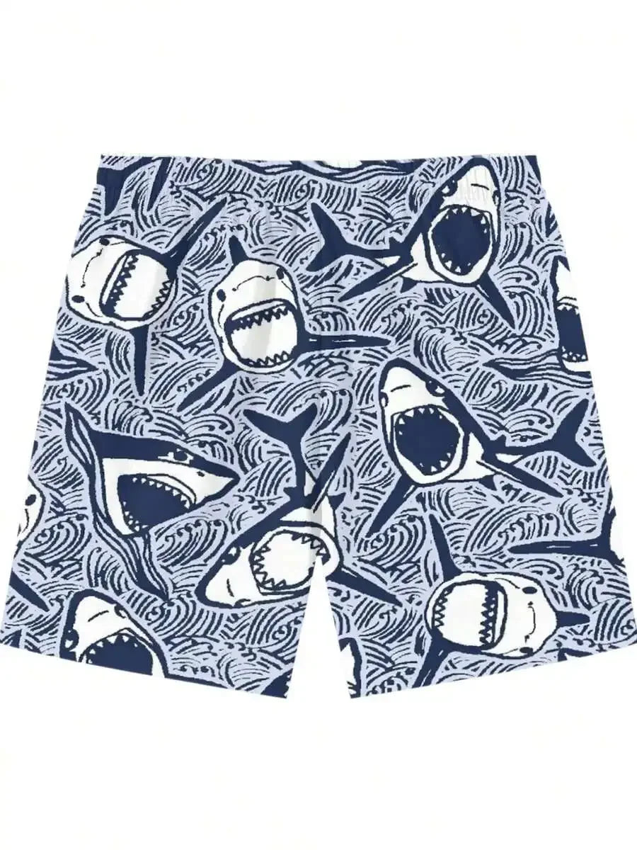 Shark Print Ocean Wave Beach Shorts For Men