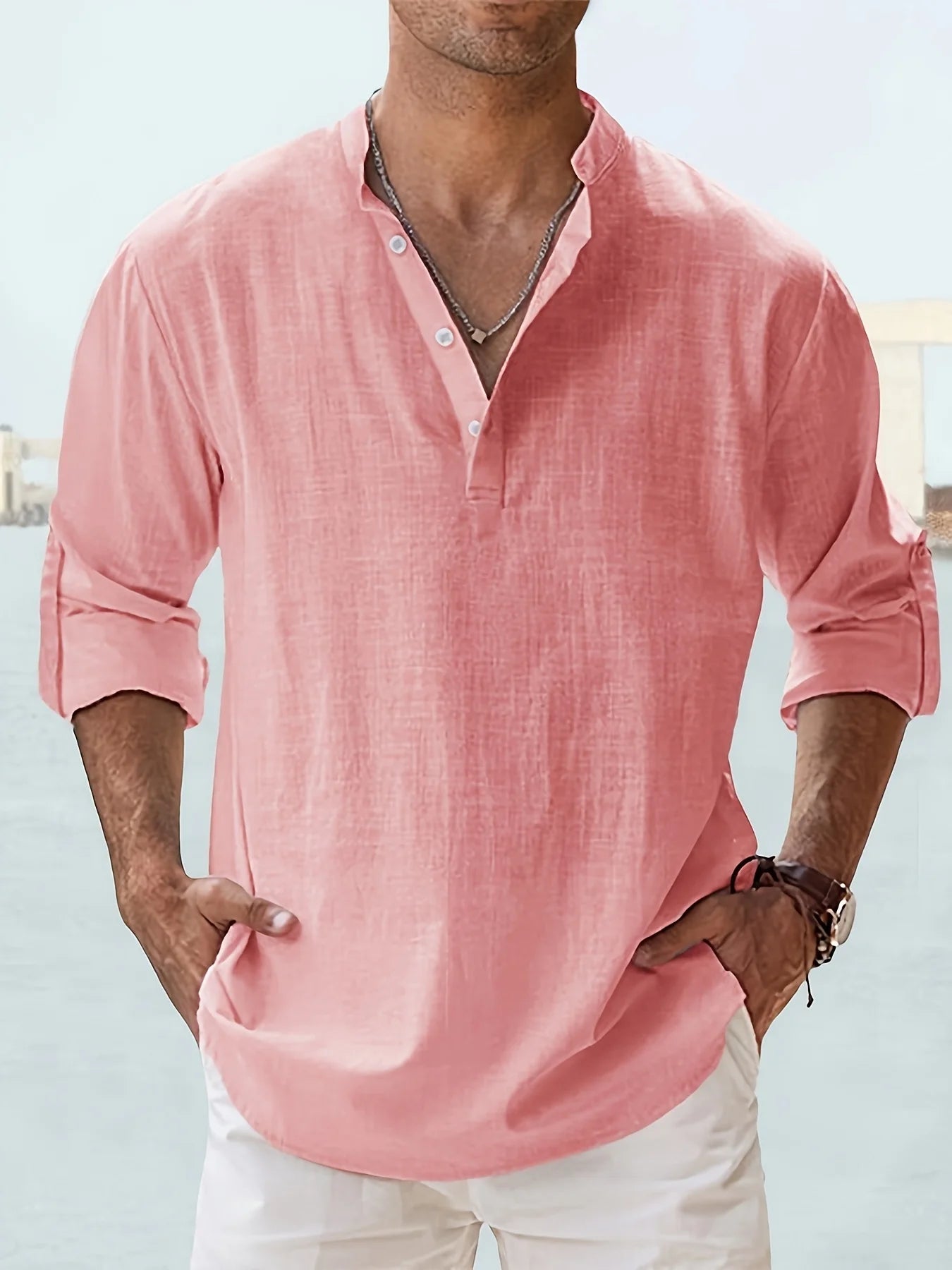 Men's Linen Stand Collar Long Sleeve Cotton Linen Shirt