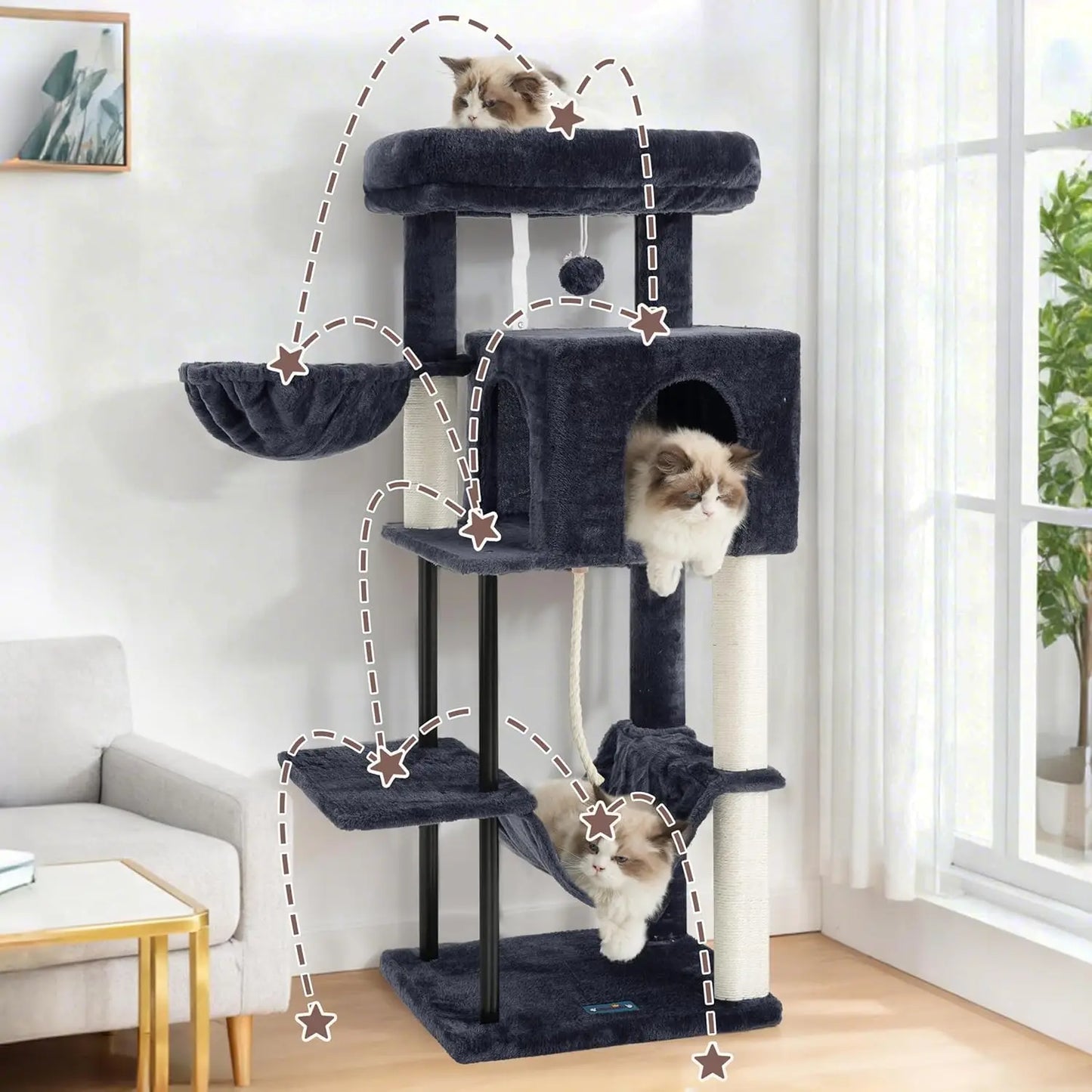 Cat Tree Tower for Indoor Cats With Hammock Condo Scratching Post