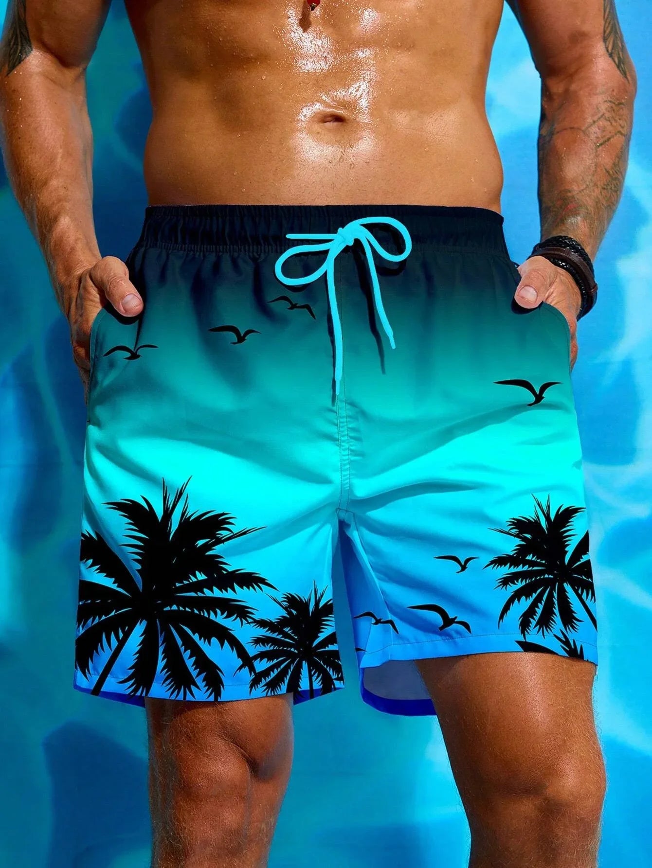 Summer Vacation Palm Tree Print Drawstring Board Shorts Breathable Streetwear