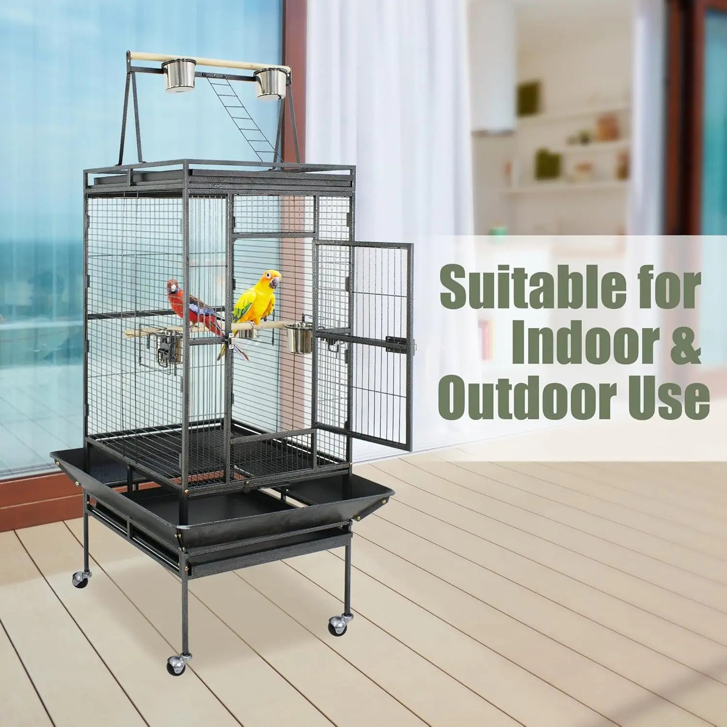 NONEM Playtop Parrot Cage With Rolling Stand Wrought Iron Bird Cage