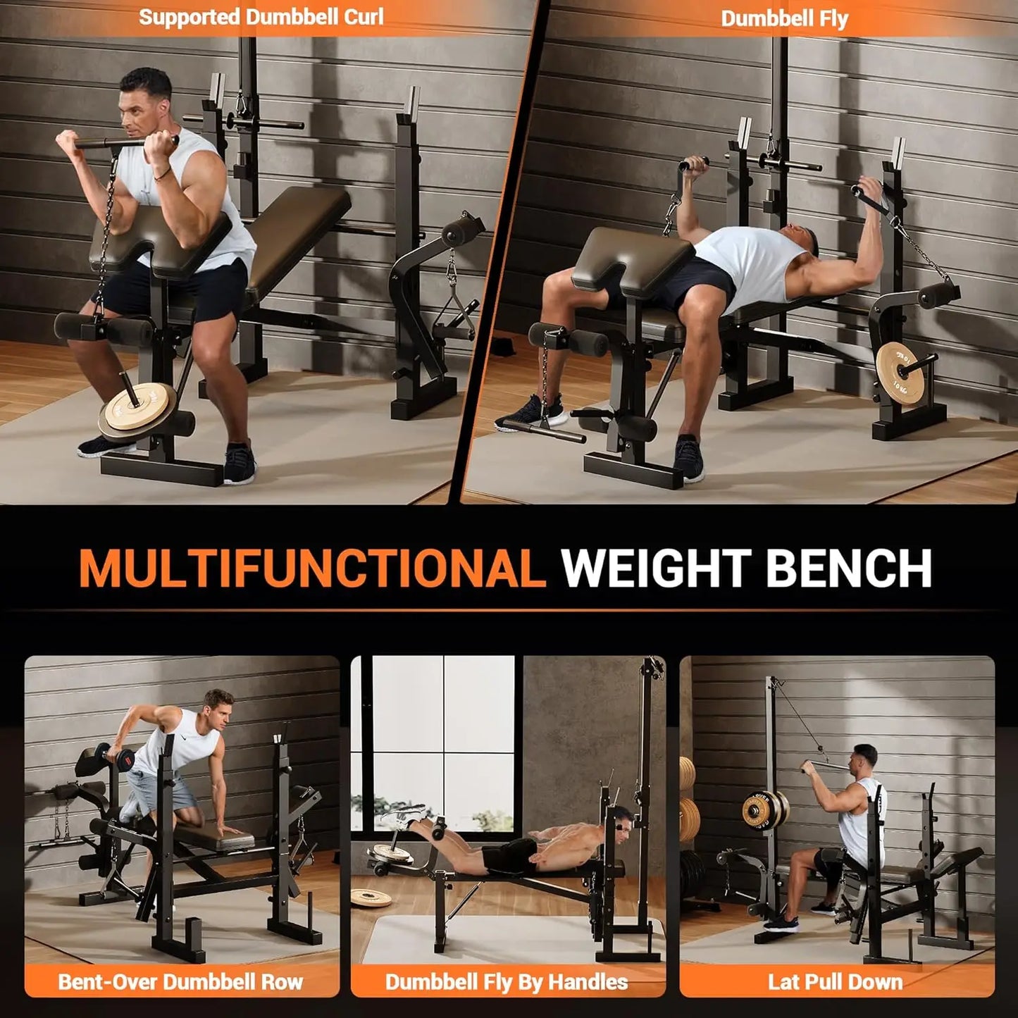 HiMISS 7 In 1 Weight Bench Set With Leg Extension Curl Preacher Curl Squat Rack