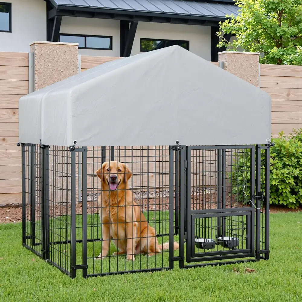 Sturdy Steel Outdoor Kennel With Lockable Door And Rotating Bowls