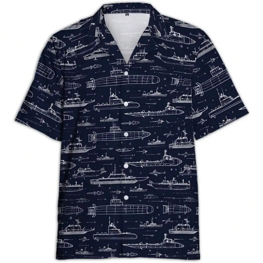 Mens Hawaiian Shirt With Cuban Collar Ship Print Polyester