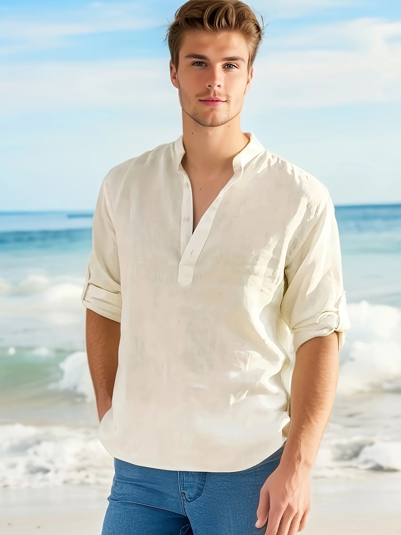 Men's Linen Stand Collar Long Sleeve Cotton Linen Shirt