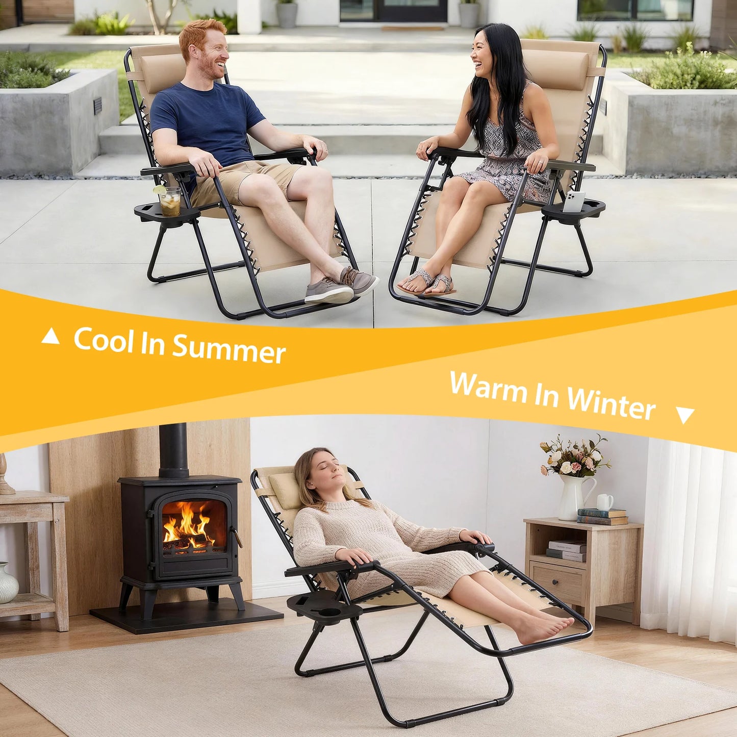 JHK Portable Zero Gravity Recliner Chairs Set of 2 With Cup Holder Trays