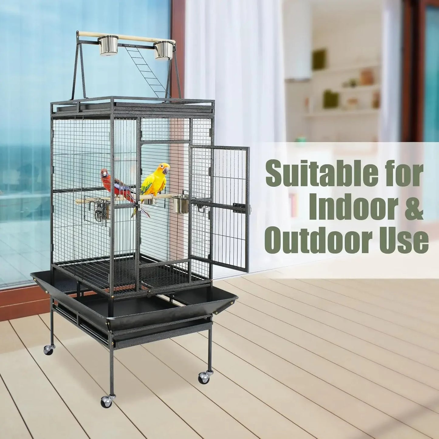 NONEM Playtop Parrot Cage With Rolling Stand Wrought Iron Bird Cage