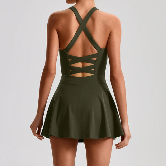 Women's Tennis Skirt Set With Pocket Culottes Crossed Back Gym Bra