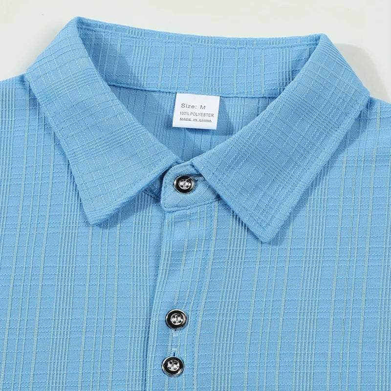 Men's Polyester Textured Short Sleeve Shirt With Turn Down Collar