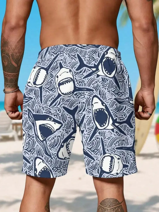 Shark Print Ocean Wave Beach Shorts For Men