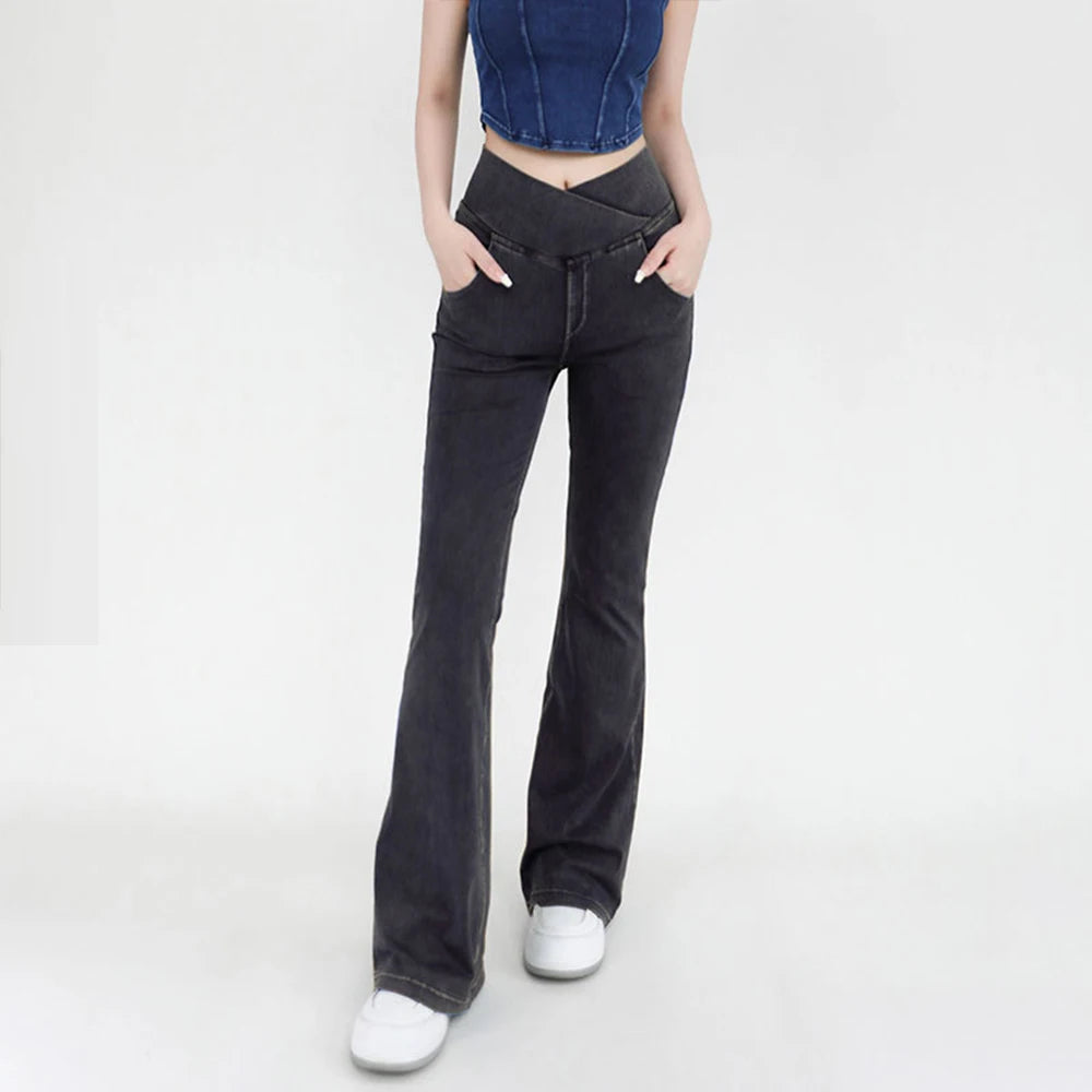 Casual Womens Jeans Bell Bottom High Waist Denim Activewear