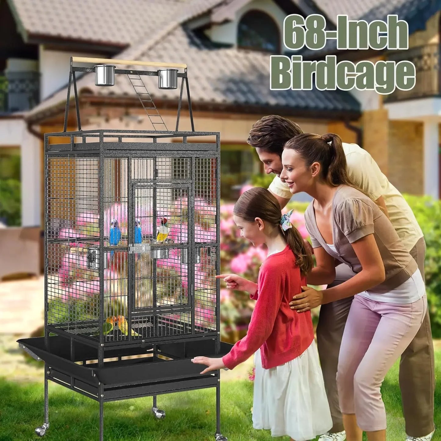 NONEM Playtop Parrot Cage With Rolling Stand Wrought Iron Bird Cage