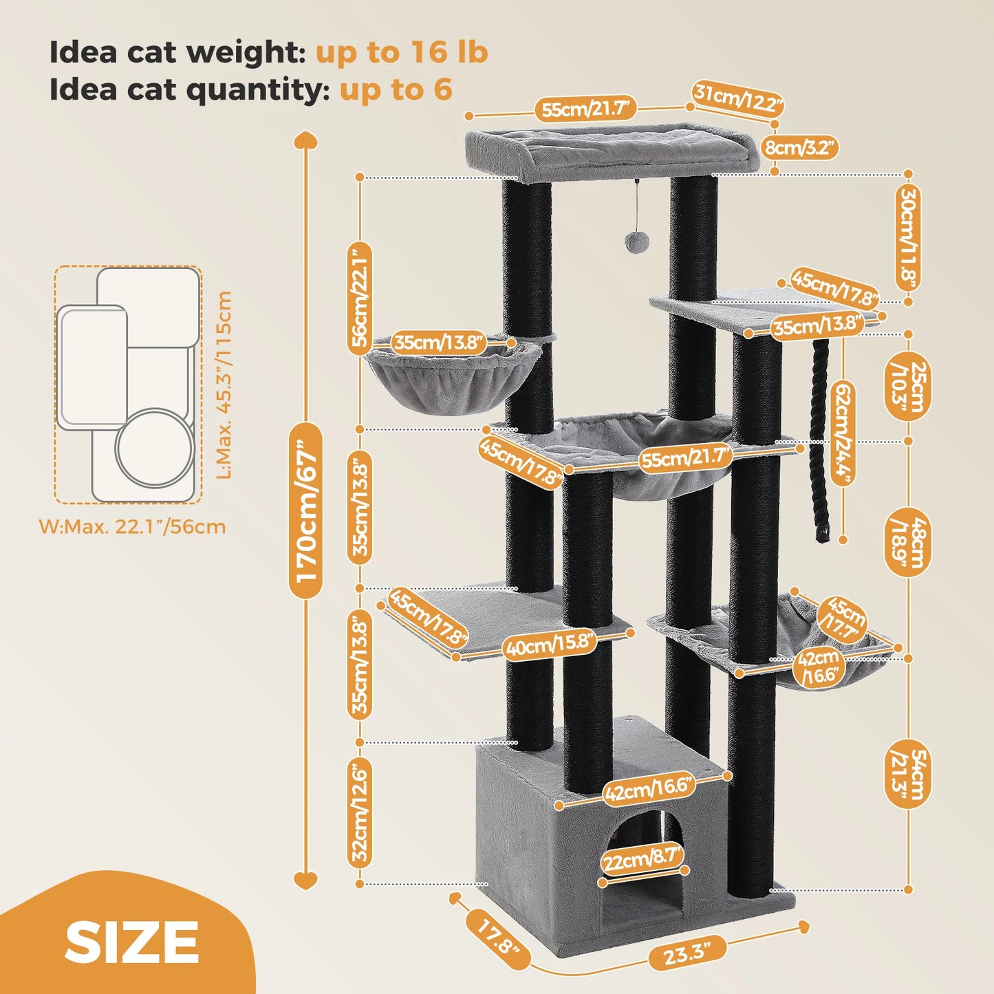 PAWZ Road Multi Level Cat Tree With Hammock And Sisal