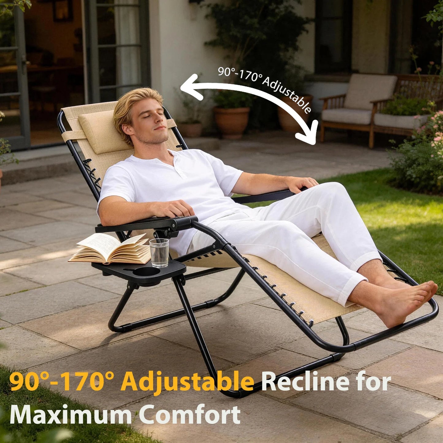 JHK Portable Zero Gravity Recliner Chairs Set of 2 With Cup Holder Trays