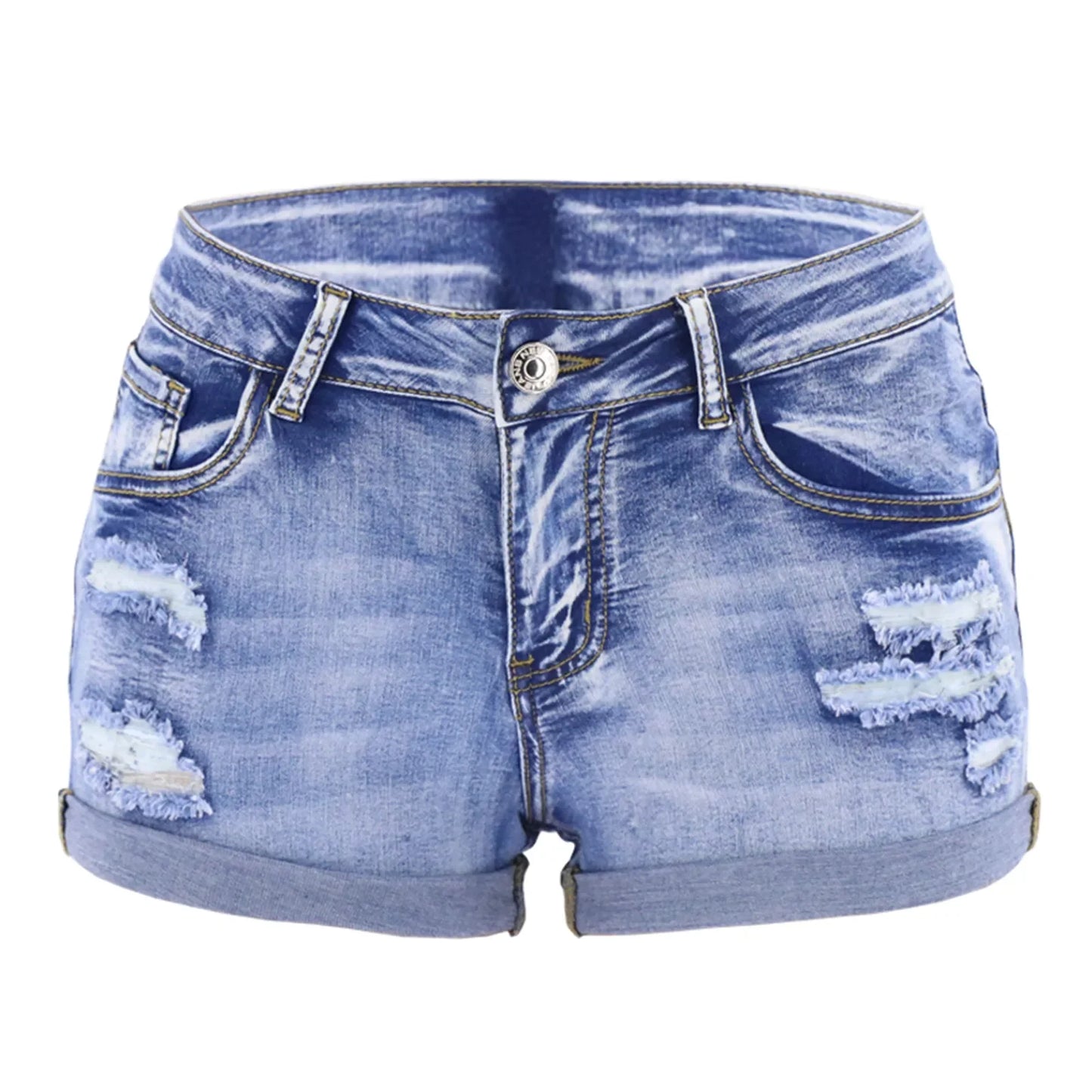 Women's Split Denim Shorts Mid Waist Elastic Curled Cuff Slim Fit Casual