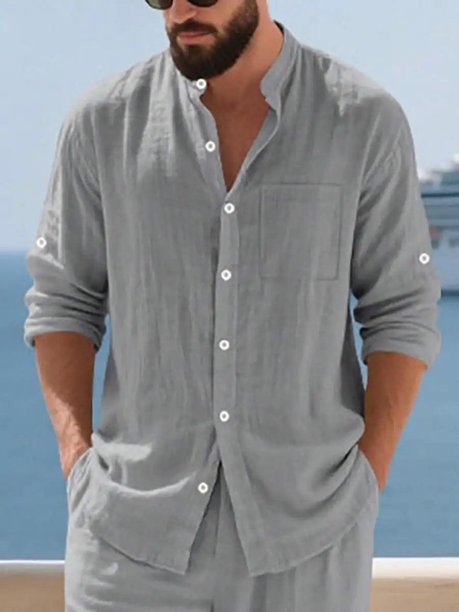 Mens Linen Stand Collar Long Sleeve Shirt Breathable Casual Beachwear