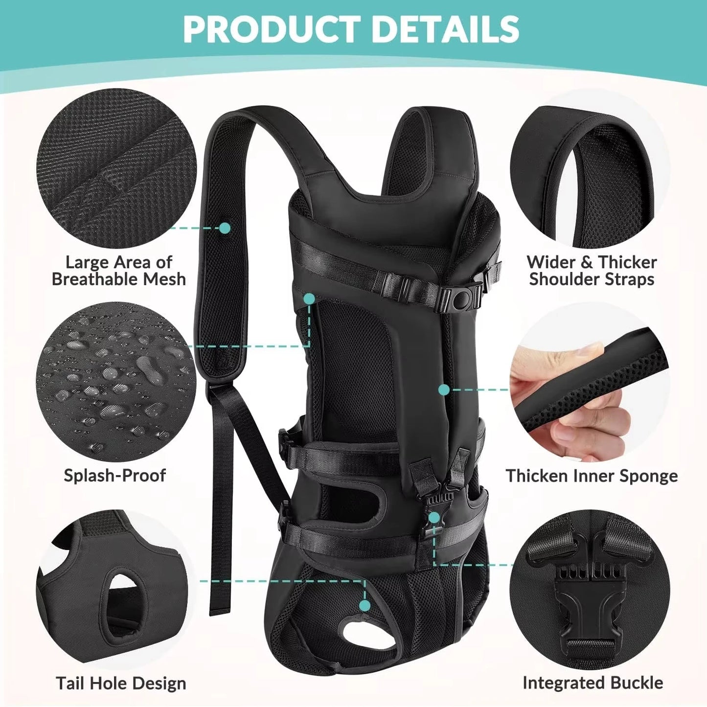 Nylon Dog Carrier Backpack With Thickened Sponge Front Hands Free Outdoor