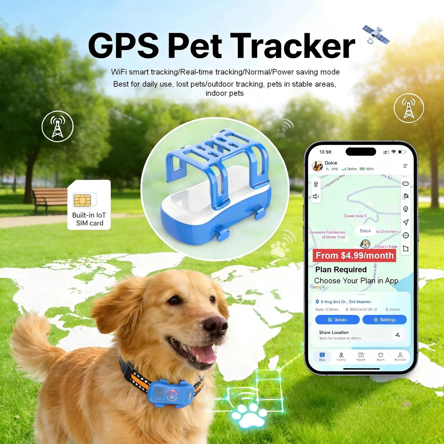 WANWAYTECH GPS Pet Tracker 4G Real Time Location IP67 Waterproof
