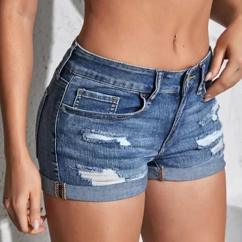 Women's Split Denim Shorts Mid Waist Elastic Curled Cuff Slim Fit Casual