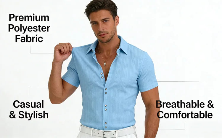 Men's Polyester Textured Short Sleeve Shirt With Turn Down Collar