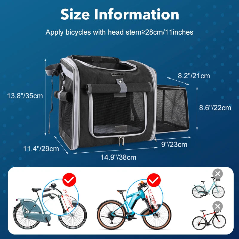 Fuled Dog Cat Bike Basket Carrier Expandable Soft Sided Backpack