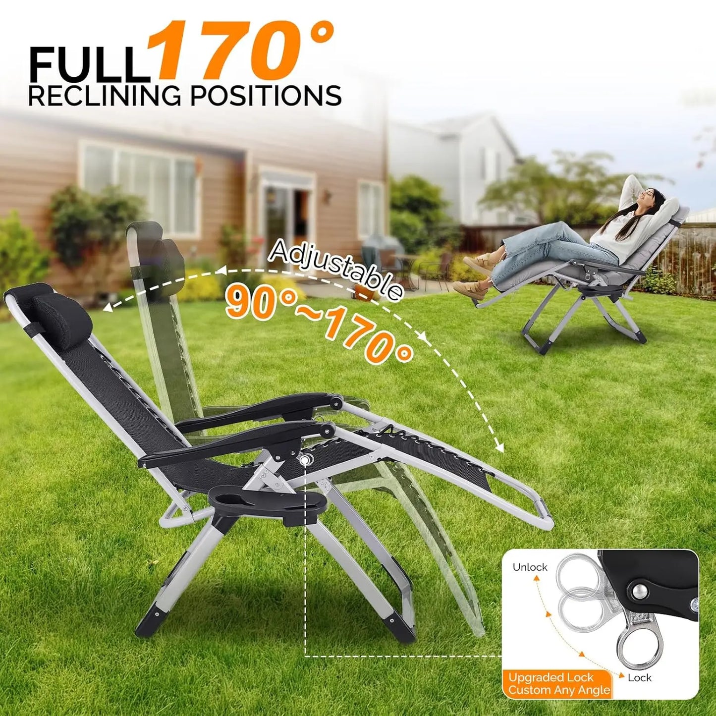 Padded Zero Gravity Patio Chair With Removable Cushion And Tray