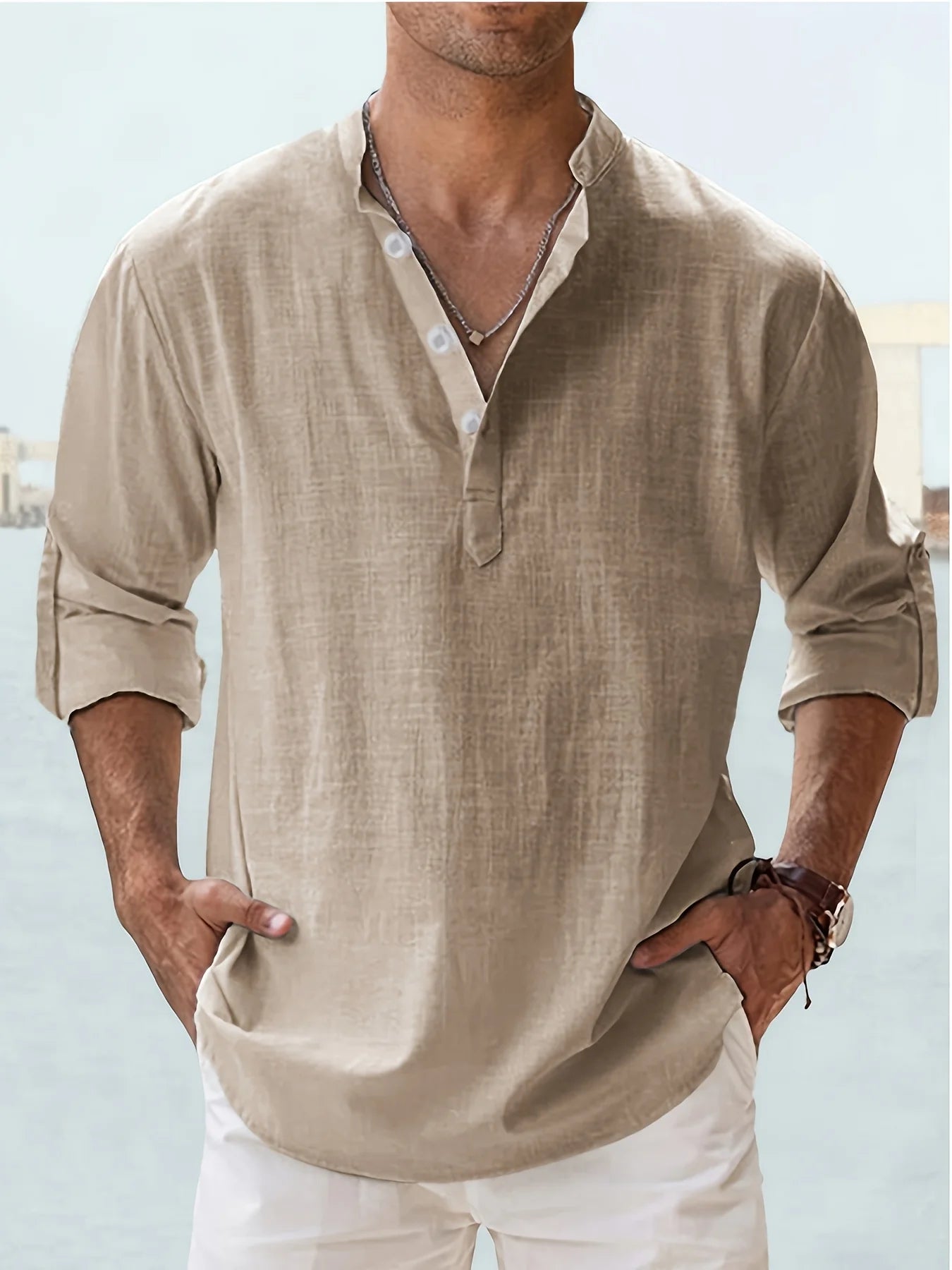 Men's Linen Stand Collar Long Sleeve Cotton Linen Shirt